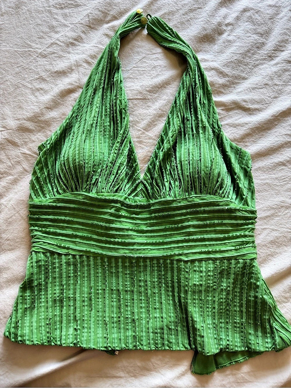 Pleated Halter V-Neck Sleeveless Tank Top Green One-Piece Size 10